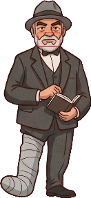 Sean Connery caricature in HD with a leg in plaster, reading a script