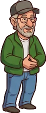 Steven Spielberg caricature in HD with cap and green jacket
