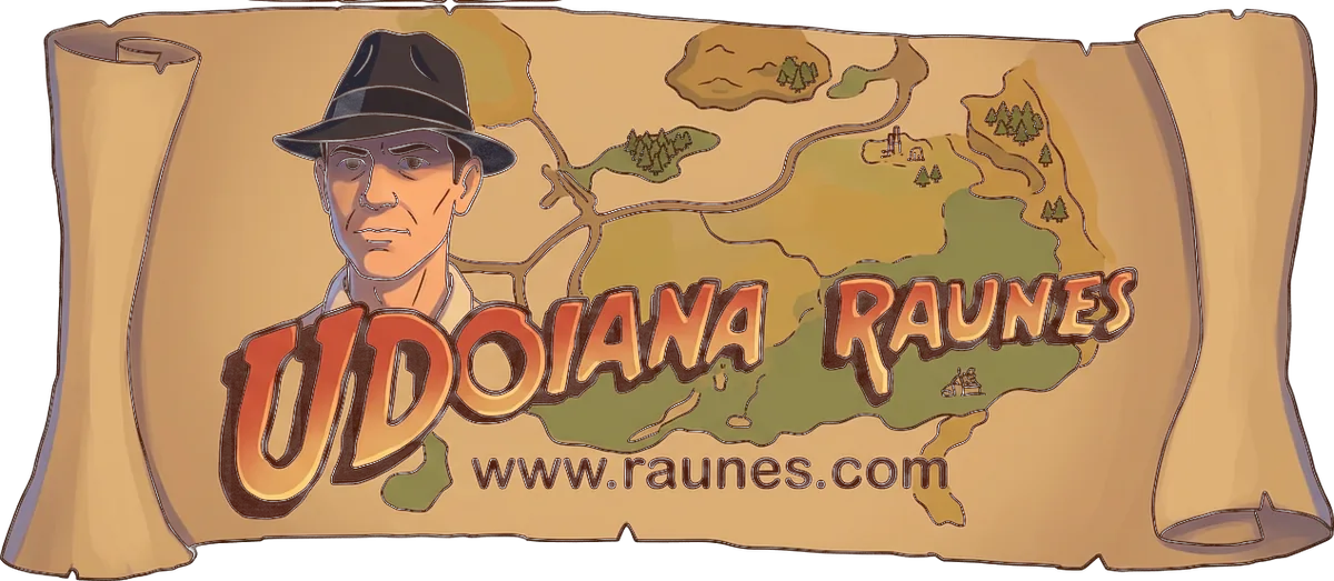 Parchment scroll with a treasure map, the hero Udoiana Raunes in his fedora and the logo “Udoiana Raunes – www.raunes.com”